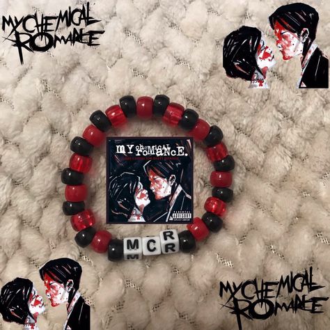 Pierce The Veil Kandi Bracelets, Mcr Bracelet Pattern, Mcr Kandi Bracelets, Xplr Bracelet, Emo Bead Bracelets, Mcr Bracelet Ideas, Band Kandi Bracelets, My Chemical Romance Bracelet, Deftones Bracelet