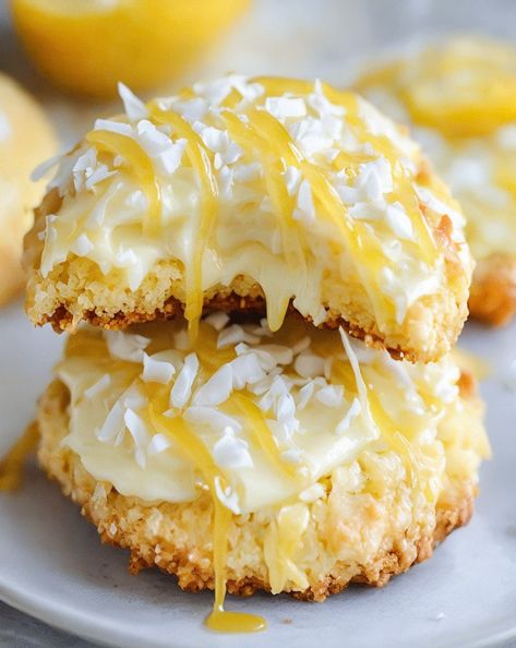 Indulge in zesty Lemon Coconut Cheesecake Cookies, blending creamy cheesecake flavor with coconut's tropical twist. Perfect for summer treats and dessert lovers! #LemonCookies #CheesecakeBites #CoconutDessert Lemon Coconut Cheesecake, Lemon Cheesecake Cookies, Cookies With Coconut, Baking Cheesecake, Coconut Cheesecake, Dessert Cookies, Classic Cheesecake, Lemon Coconut, Tropical Twist