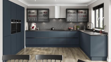 Hockley Super Matt Marine Blue In Frame | Howdens Matt Kitchen, Howdens Kitchens, Glass Kitchen Cabinets, Kitchen 2024, Kitchen Redesign, Future Kitchen, Kitchen Decor Ideas, Studio Kitchen, Cabinet Style