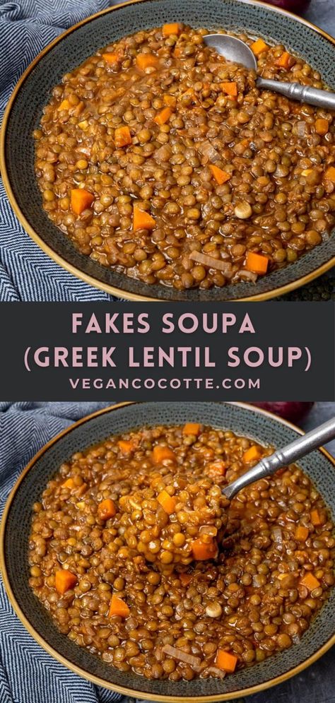 Fakes Soupa (Greek Lentil Soup) Lentil Recipes Easy Soup, Fakes Lentil Soup, Greek Lentils Recipe, Bulgarian Lentil Soup, Greek Red Lentil Soup, Greek Fakes Lentil Soup, Lentil Soup Greek, Lentil Soup Without Tomatoes, Greek Lentil Recipes