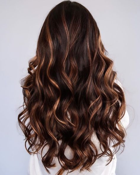 29 Trending Ways To Combine Dark Brown Hair with Caramel Highlights Dark Brown Hair With Caramel, Dark Brown Hair With Caramel Highlights, Brown Hair With Caramel, Caramel Hair Highlights, Caramel Brown Hair, Cinnamon Hair, Brown Hair With Caramel Highlights, Brunette Hair With Highlights, Dark Hair With Highlights