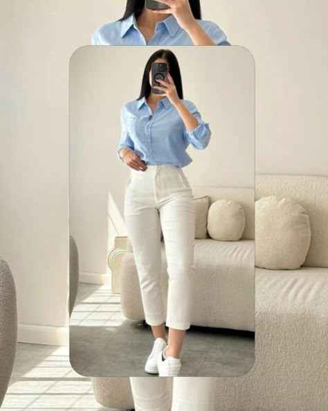 Hola Amixez 💜 The Style Saturday Pantalón blanco 🤍 Camisa mezclilla #styleblogger #crecimientopersonal #creceeninstagram #stylebloggerindia Pantalon Blanco Outfit, Outfits Blancos, Ootd Teacher, Outfit Trabajo, Outfits Bonitos, Beauty Dress, Halsey, Outfits Casuales, Jean Outfits