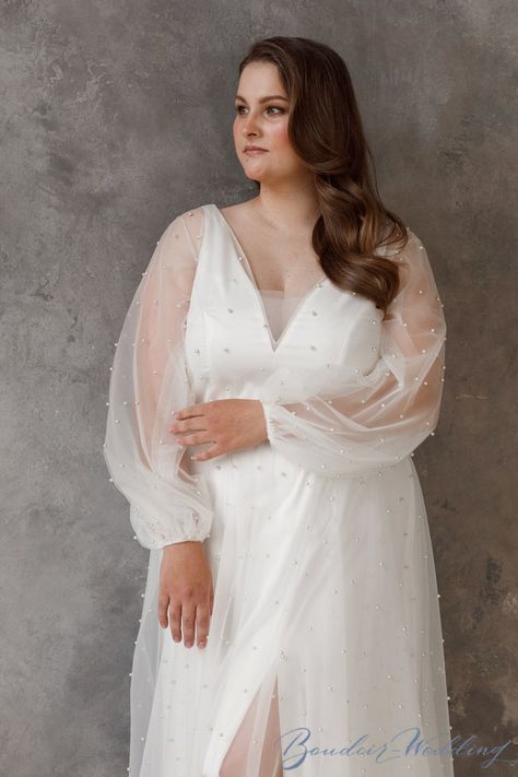 Plus Size Chic Wedding Dress Iowa With Pearl Beads Long Puff | Etsy Pearls Wedding Dress, Tulle Outer, Long Boho Dress, Chic Wedding Dress, Pluse Size, Grey Wedding Dress, Pearl Wedding Dress, Plus Size Chic, Chic Wedding Dresses