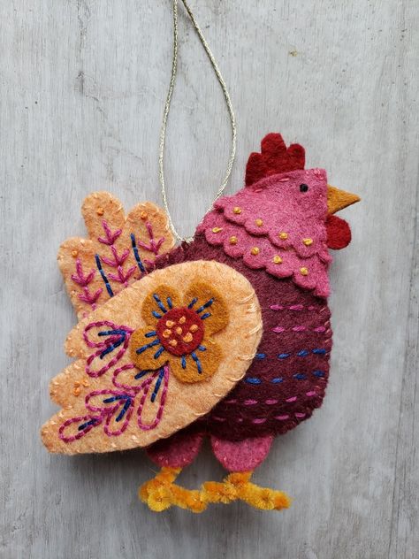 Felt ornament larissa holland Felt Chicken, Heirloom Felt Ornaments, Felt Ornament, Felt Chicken Ornament Free Pattern, Felt Christmas Ornaments Anthropologie, Felt Chicken Ornament, Chicken Felt Ornament, Rooster Ornament, Sewn Christmas Ornaments