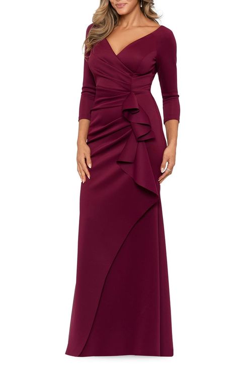 Xscape Ruched Scuba Ruffle Gown | Nordstrom Scuba Gown, Mom Wedding Dress, Ruffled Gown, Tie Waist Maxi Dress, Scoop Neck Midi Dress, Ruffle Gown, Wine Dress, Mother Of The Bride Gown, Black Ruffle Dress