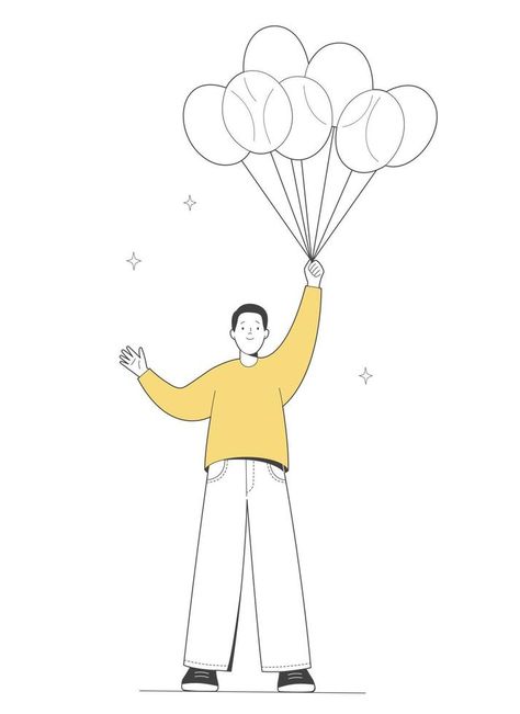 Man holds balloons in his hand. Balloon seller. Outline illustration Balloon Man Drawing, Balloon Seller Drawing, Balloon Seller, School Drawings, Balloon Illustration, Illustration Advertisement, Outline Illustration, Flat Design, His Hands