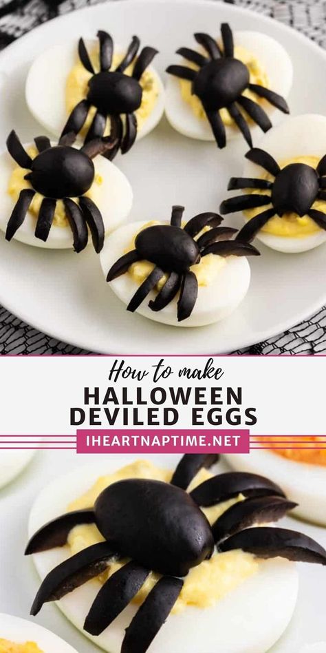 Deviled Eggs With Spiders, Potluck For Halloween, Spider Deviled Eggs Halloween, Easy Halloween Orderves, Halloween Food Ideas For Breakfast, Halloween Food Presentation, Halloween Hosting Food, Party Sides For A Crowd On A Budget, Halloween Deviled Eggs Eyeballs