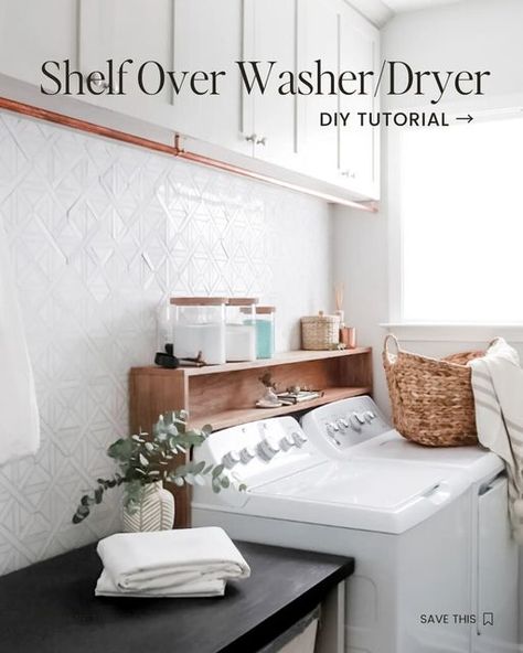 Zoe 🌿 DIY Furniture on Instagram: "Add a shelf over your washer dryer to hide cords/plumbing and to add some extra storage space! If you want to make the shelf even more sturdy, add an additional board near the bottom of the legs. We didn't and it was fine with the shaking of the washer/dryer, but I'd definitely recommend this extra piece if yours won't be against a wall on one side. . . . . . #diylaundryroom #laundryshelf #laundryroommakeover #diyhomeimprovement #diyshelf" Board Over Washer And Dryer, Washer Hookup Hide, Diy Shelf Over Washer And Dryer, In Between Washer And Dryer Storage, Over The Washer And Dryer Shelf, Hide Washer And Dryer Hookups, Washer And Dryer Shelf, Washer Dryer Shelf, Laundry Shelves