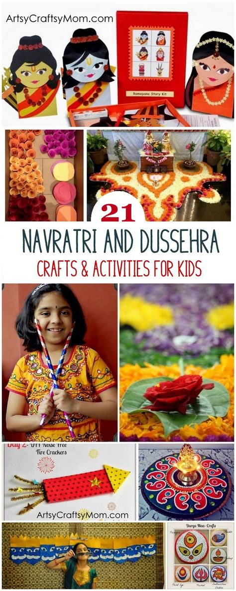 21 Navratri Dussehra Activities & Crafts to get your child involved in the festivities- crafts, puppets and activities that are both fun & educational.  via @artsycraftsymom1 Navratri Crafts For Kids, Dandiya Diy, Dusshera Activity For Kids, Diversity Kindergarten, Dussehra Craft For Kids, Krishna Craft, Diwali Craft For Children, Navratri Dandiya, Vedic Science