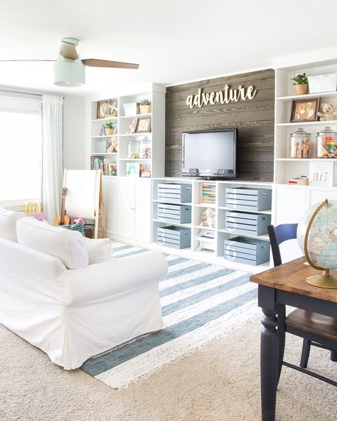 Eclectic Farmhouse Playroom Reveal & ORC Week 6 - Bless'er House Farmhouse Playroom, Ruang Tv, Basement Playroom, Eclectic Farmhouse, Ikea Billy Bookcase, Playroom Storage, Playroom Design, Playroom Organization, Modern Farmhouse Living Room