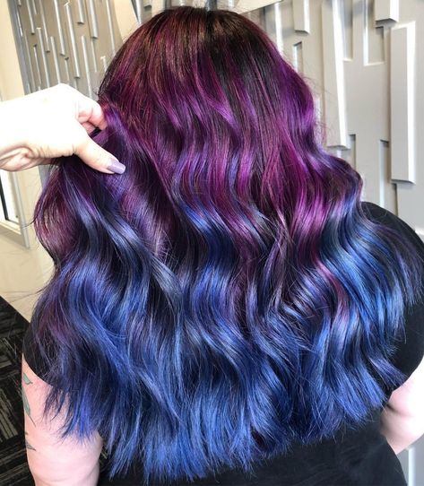 25 Stunning Blue Ombre Hair Colors Trending Right Now Purple To Blue Hair, Blue Hair Ombre, Peacock Hair Color, Purple And Blue Hair, Hair Color Ideas Trending, Hair Dyer, Ombre Hair Color Ideas, Brown To Blonde Ombre, Older Women's Hairstyles