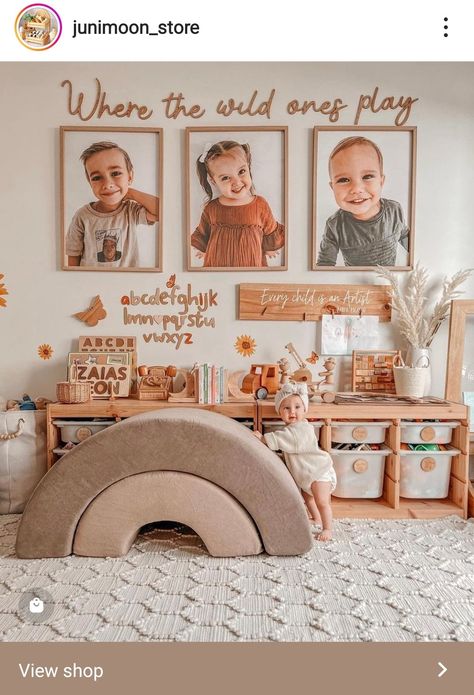 Neutral Rainbow Playroom, Boho Toy Room, Playroom Theme Ideas Gender Neutral, Boho Farmhouse Playroom, Earth Tone Playroom, Boho Daycare Room, Boho Rainbow Girls Room, Boho Daycare, Rainbow Playroom Ideas