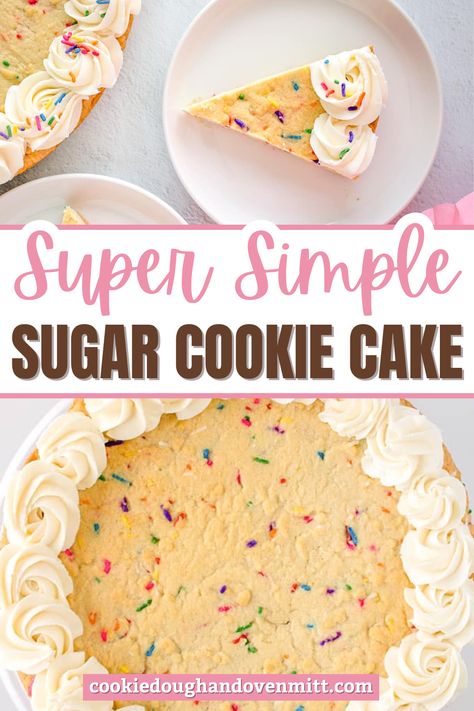 This homemade sugar cookie cake, brimming with sprinkles and crowned with vanilla frosting, is a breeze to make and a hit with kids. Festive and sweet, it combines chewy, sprinkle-filled dough with a rich frosting border for a nostalgic treat that delights without being overwhelming. Best Icing For Cookie Cake, Sugar Cookie Cake Mix Recipe, Cookie Dough Filling For Cake, Frosting For Cookie Cake, Cookie Cake Frosting Recipe, Cookie Cake Icing Recipe, Gluten Free Cookie Cake Recipe, Cookie Cake Frosting, Simple Bday Cakes