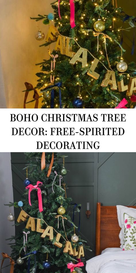 Boho Christmas Tree Boho Christmas Tree Ideas, Eclectic Christmas Tree, Christmas Tree Boho, Tree Garland Ideas, Kids Christmas Tree, Boho Christmas Tree, Christmas Trees For Kids, Eclectic Aesthetic, Boho Kids