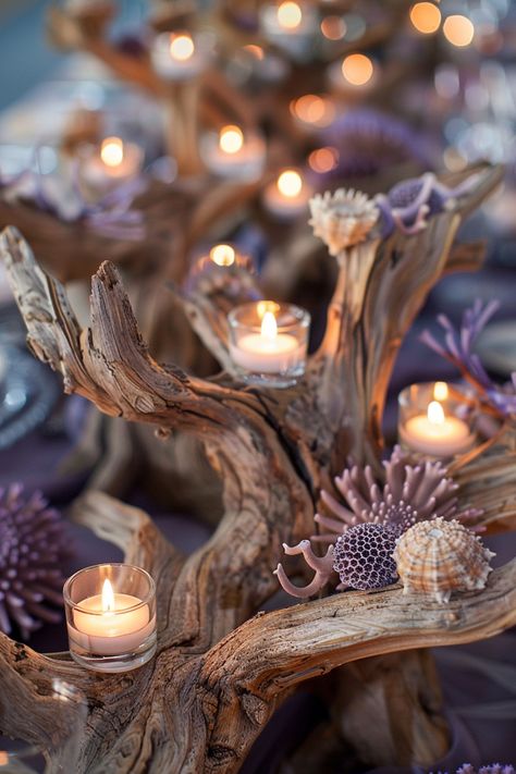 Driftwood centerpieces offer a natural, unique addition to wedding decor. Click here for more creative ideas. Driftwood Art Ideas, Driftwood Centerpieces, Driftwood Wedding Centerpieces, Driftwood Wedding, Driftwood Centerpiece, Wedding Centerpiece Ideas, Rustic Beach Wedding, Mercury Glass Candle Holders, Jar Display