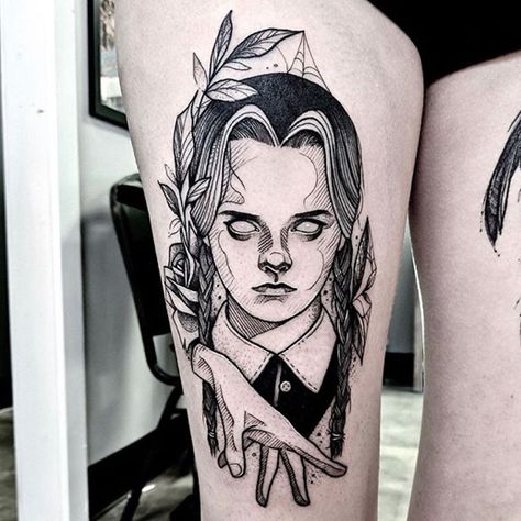 Addams Family Tattoo, Wednesday Addams Tattoo, Tim Burton Tattoo, Horror Movie Tattoos, Tattoo Coloring Book, Movie Tattoos, Epic Tattoo, Witch Tattoo, Spooky Tattoos