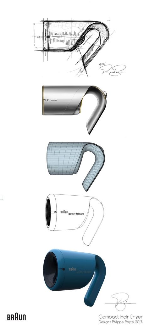 Hairdryer Sketch, Hairdryer Design, Kitchen Industrial Design, Form Development, Design Portfolio Layout, Industrial Loft Design, Compact Hair Dryer, Industrial Design Portfolio, Braun Design