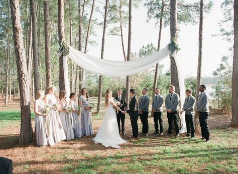 create a chuppah // arch // backdrop with fabric between 2 trees > via green wedding shoes: Lilac Wedding Bouquet, Elizabeth Messina, Wedding Arbour, Lilac Wedding, Wedding Shot, Two Trees, Camp Wedding, Vintage Florida, Ceremony Backdrop