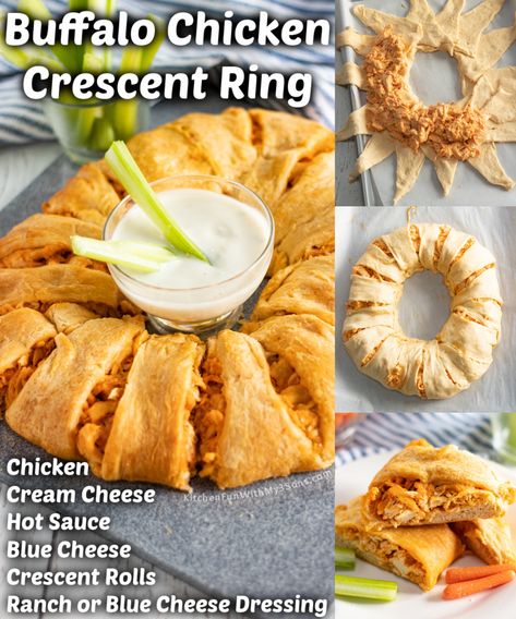 Buffalo Chicken Crescent, Buffalo Chicken Ring, Chicken Crescent Ring, Crescent Rings, Chicken Ring, Recipes Using Crescent Rolls, Chicken Crescent, Buffalo Chicken Bites, Party Side Dishes