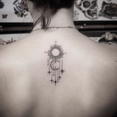 minimalist sun & moon tattoo © mjtxttoo Sun Moon Phases Tattoo, Sun Moon Stars Tattoo Ideas, Full Moon And Sun Tattoo, The Sun The Moon And The Stars Tattoo, Sun And Moon And Stars Tattoo, Cycle Breaker Tattoo, Eclipse Tattoo Minimalist, Sun Tattoo Designs For Women Beautiful, Sailor Moon Tattoo Minimalist