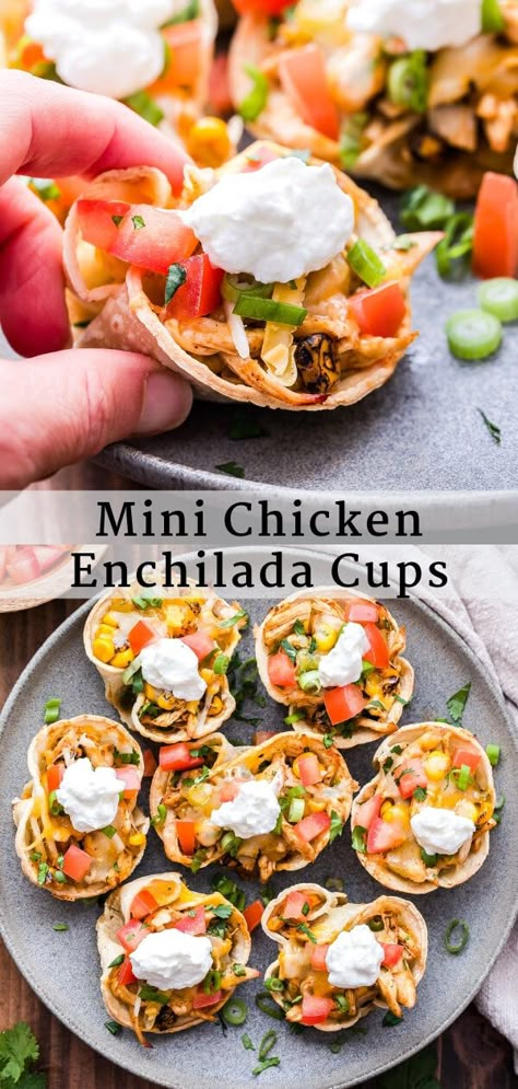 Mini Chicken Enchilada Cups - Recipe Runner Mexican Dinner Party Ideas, Mini Enchiladas, Enchilada Cups, Salsa Ranchera, Pinterest Collage, Mexican Appetizers, Mexican Dinner Recipes, Quick Healthy Dinner, Mexican Dinner