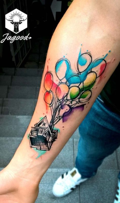 Disney Tattoos Watercolor, Disney Up Tattoo Ideas, Up House Tattoo, Up Tattoo Disney, Disney Sketch Tattoo, Up Movie Tattoo, Tattoo Ideas Watercolor, Pixar Tattoo, Watercolor Tattoo Design