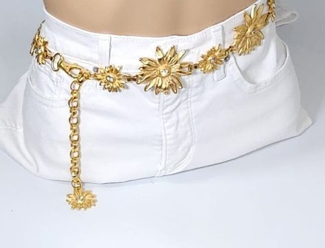 Vintage 80s Gold Tone Statement Chain Link Belt, Sunflower With Crystals Chain Link Belt Winx Characters, Romantic Essence, Link Belt, Gold Belt, Chain Belts, Gold Belts, Grade 8, Crystal Chain, Waist Chain