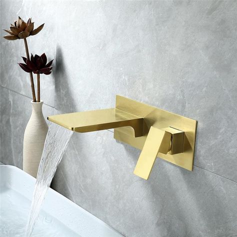 Bathroom Sink Faucets Waterfall, Waterfall Tub Faucet, Wall Mount Faucet Bathroom Sink, Gold Bad, Wall Mount Tub Faucet, Wall Faucet, Wall Mount Faucet Bathroom, Waterfall Wall, Waterfall Faucet