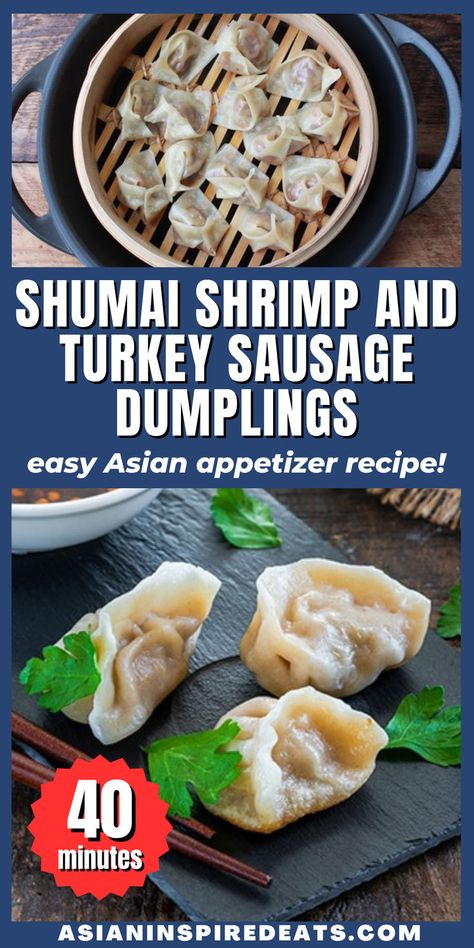 Looking for the perfect party food or simple Asian appetizer that's a guaranteed crowd, please? Look no further! These Chinese steamed Shumai Shrimp and Turkey Sausage Dumplings are succulent and spicy, a perfect dim sum, served alongside a sweet chili dipping sauce! Chinese "dim sum" is the best! Consider these the Spanish tapas of Asia! This super simple dumplings recipe comes with step-by-step instructions how to fold the dumplings. Sausage Dumplings, Sweet And Spicy Chili, Asian Food Appetizers, Chili Dipping Sauce, Dumplings Easy, Ground Turkey Sausage, Sweet Chili Dipping Sauce, Chinese Dim Sum, Asian Appetizers