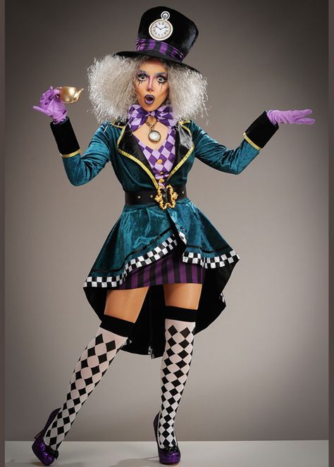 Womens Deluxe Gothic Mad Hatter Costume Gothic Mad Hatter, Mad Hatter Costume Female, Mad Hatter Dress, Female Mad Hatter, Halloween Mad Hatter, Jester Puppet, Mad Hatter Girl, Alice In Wonderland Fancy Dress, Mad Hatter Outfit