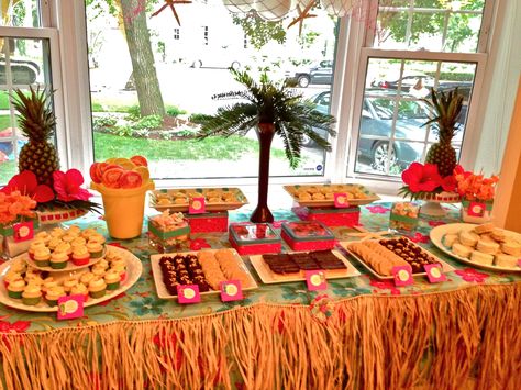 Hawaiian Luau Sweets Table, Hawaiian Luau Dessert Table Luau Party Dessert Table, Hawaiian Buffet Table Ideas, Aloha Dessert Table, Hawaiian Dessert Table, Hawaiian Theme Food Ideas Luau Birthday, Luau Dessert Table Sweets, Hawaiian Theme Party Food Luau Birthday, Luau Dessert Table, Luau Party Desserts