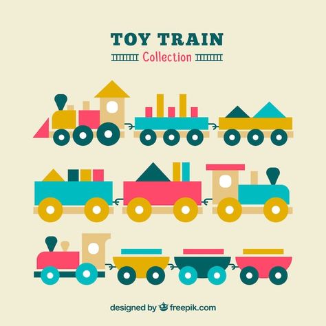 Set of three flat toy trains | Free Vector #Freepik #freevector #travel #design #color #train Train Illustration, Toy Trains Set, Toy Trains, Travel Design, Toy Train, Christmas Toys, Christmas Background, Wagons, Design Color