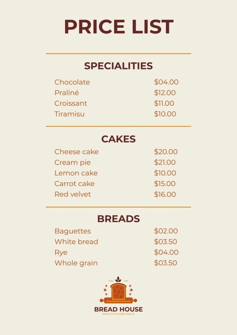 Hand-drawn Brown Fresh Bread Price List Baked Goods Price List, Cake Price List, Royal Icing Cakes, Price List Design, Small Business Instagram, Icing Cake, Price List Template, Cake Pricing, Business Instagram