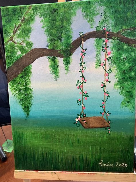 Fairyland Painting Easy, Easy Fairy Painting On Canvas, Garden Painting Ideas Canvas, Greenery Painting Ideas, Fairy Forest Painting Easy, Paintings To Do With Friends, Fairy Garden Painting Canvas, Park Painting Ideas, Cottagecore Painting Easy