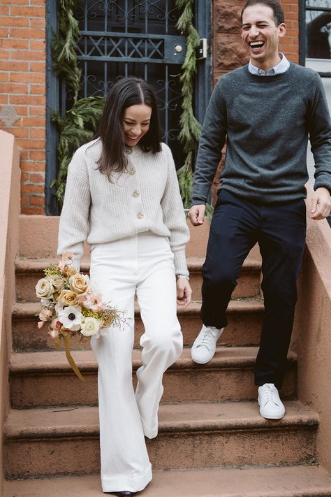 Courthouse Wedding Jeans, Casual Wedding Dress Winter, Casual Fall Bride Outfit, Unique Civil Wedding Outfit, Long Sleeve City Hall Wedding Dress, Casual City Hall Wedding Outfit, Winter Wedding Outfit Bride, Civil Marriage Outfit Casual, Town Hall Wedding Outfit