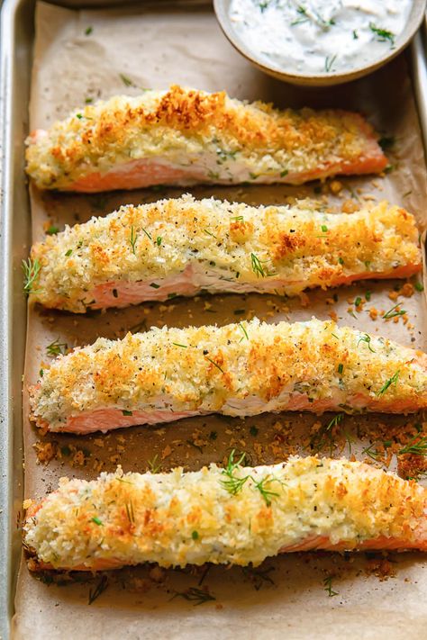 Baked Herb and Garlic Salmon with Panko Breadcrumbs Salmon Bread Crumbs Recipe, Salmon Panko, Panko Recipes, Breaded Salmon, Crab Cake Sandwich, Oven Salmon, Bread Crumbs Recipe, Bagel Breakfast Sandwich, Baked Salmon Recipe