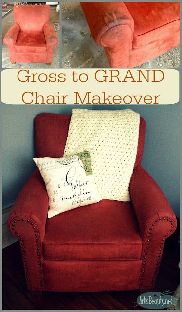 ART IS BEAUTY: From GROSS to GRAND! Upholstered Chair Makeover Arm Chair Makeover, Build A Shoe Rack, Vintage Velvet Chairs, Candle Repurpose, Diy Furniture Makeover, Chandelier Makeover, Vintage Duvet, Mirror Frame Diy, Upholstery Tacks