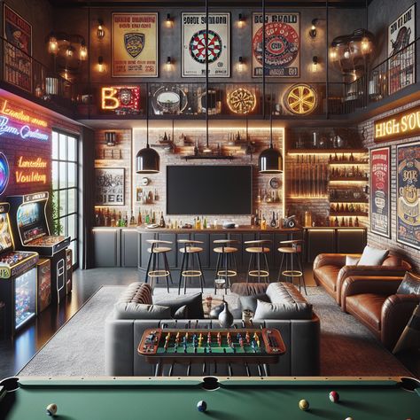 This ultimate man cave features a comfy center lounge area with a large TV, a neon-lit bar, a pool table, a dart board, a foosball table, and a jukebox. Also includes arcade games, a mini fridge, and memorabilia display cases. #mancave #homedesign #interiordecor #gameroom #homedecor #entertainmentroom. Bonus Room Man Cave, Garage Arcade, Game Room House, Small Basement Arcade, Luxury Arcade Room, Memorabilia Display Ideas, Casino Interior Design Game Rooms, Unique Man Cave Ideas, Pool Table Arcade Room