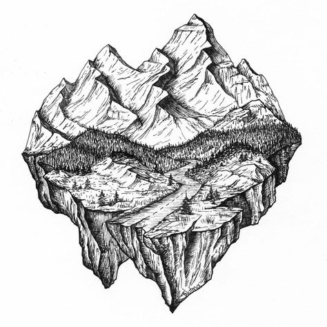 420 Likes, 12 Comments - Shelley Nutma (@shelleynutma_art) on Instagram: “One of my favourites • Old throwback today ♥︎ . . . . . . . . . #mountains #rockymountains…” Landscape Line Art, Alberta Landscape, Berg Tattoo, Island Mountain, Adventure Wall Art, Floating Island, Mountain Drawing, Original Ink Drawing, Travel Drawing