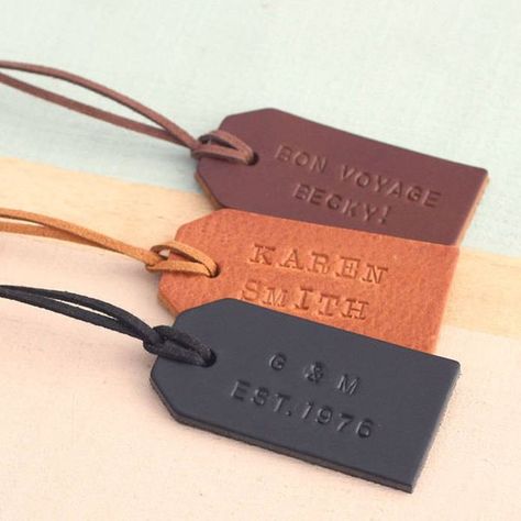 The Most Interesting Wedding Favours You Can Give This Year! Leather Bag Tag, Posh Totty, Leather Anniversary Gift, Leather Luggage Tag, Leather Anniversary, Personalized Luggage, Leather Luggage Tags, Leather Decor, Leather Label