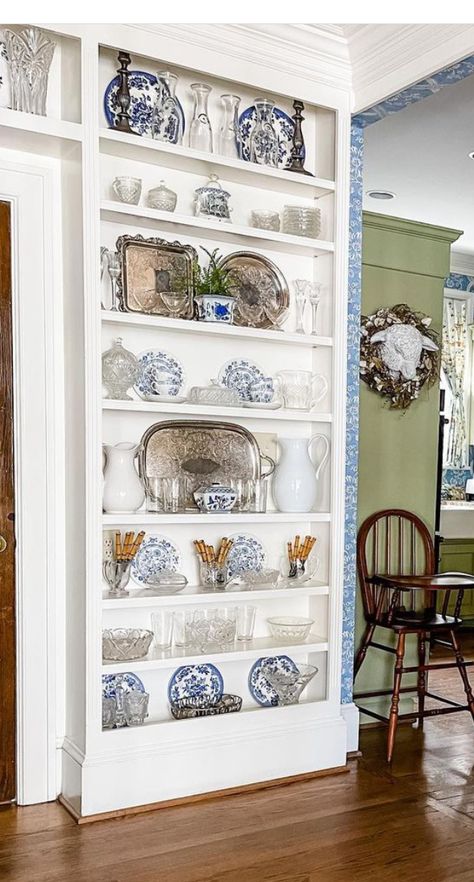 Kitchen Display Shelves Ideas, How To Display China On Shelves, Bookshelves Over Cabinets, Wall Dish Rack Ideas, Fine China Wall Display, Display China On Shelves, Upper Cabinet China Display, Displaying China On Shelves, Open Shelving China Display