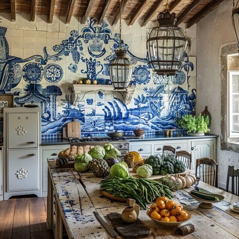 Traditional Portuguese Kitchen, Portugal Kitchen, Kitchen Floating Shelves, Painted Tiles, Home Hall Design, Barbie Kitchen, Diy Kitchen Furniture, Hall Design, Painting Tile