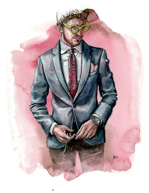 Watercolor Fashion Illustration of Sunflowerman Wearing a Weekend Casual Suit Jacket, Shirt and Tie Man In Suit Art Drawing, Men Watercolor, Mens Wear Illustration, Man In Suit Painting, Men Ilustration Fashion, Cat Tattoos, Fashion Illustration Watercolor, Man Illustration, Mens Fashion Illustration