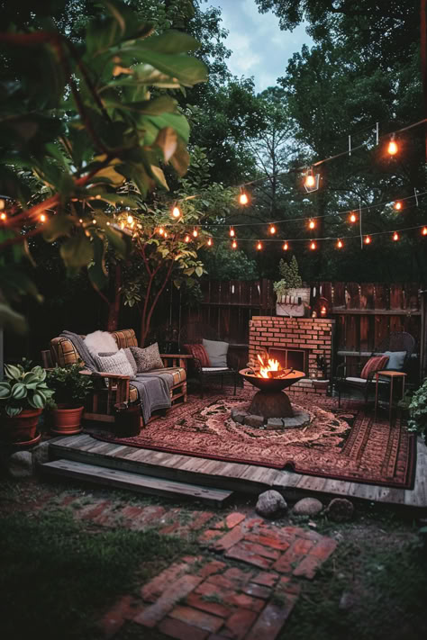 A budget-friendly backyard design featuring a cozy seating area with DIY pallet furniture and a fire pit made of stone bricks. The space is decorated with a colorful outdoor rug, potted plants, and string lights hanging above, creating a warm and inviting atmosphere for gatherings and relaxation. Beautiful Small Backyard Ideas, Patio Home Backyard Ideas, How To Design A Backyard Layout, Outdoor Living Design Backyard Ideas, Outdoor Patio Garden Ideas, Moody Outdoor Patio, Brick Backyard Ideas, Pnw Backyard Ideas, Small Cozy Backyard Ideas