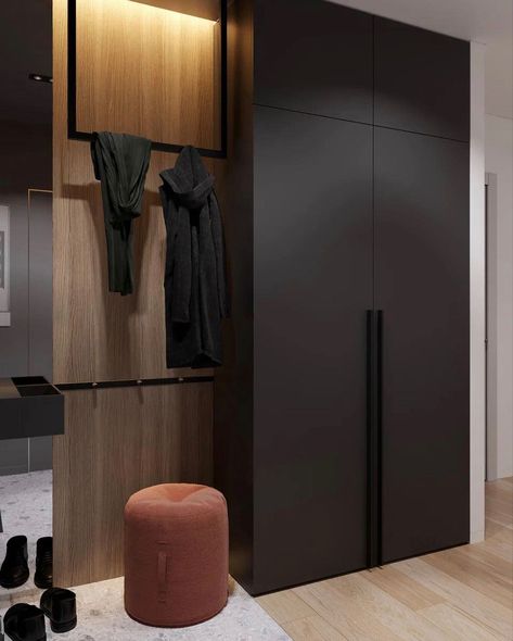 Black Floor Entryway, Black And Wood Closet, L Shape Wardrobe Design, Seamless Wardrobe, Closet Offices, Cozy Closet, Vstupná Hala, Happy Environment, Amazing Interior Design