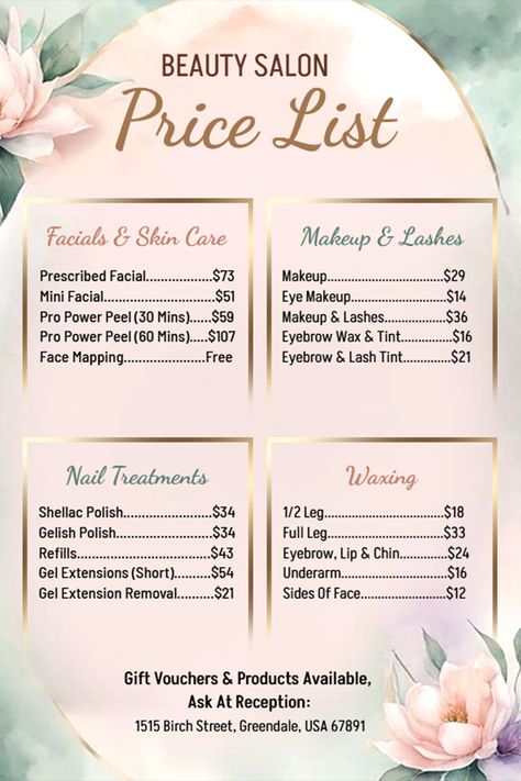 #FloralBeautyFlyer #SalonPriceListFlyer #BeautySalonFlyer #SalonPromoFlyer #BeautyServicesFlyer #SalonMarketingFlyer #HairSalonFlyer #BeautyBusinessFlyer #SalonDiscountsFlyer #BeautyPromotionFlyer #FloralDesignFlyer #SalonMarketingTools #PriceListFlyer #CustomizableFlyer #BeautySalonDesignFlyer #SalonBusinessFlyer Salon Price List Design, Beauty Salon Price List, Salon Price List, Lash Tint, Concert Flyer, Restaurant Flyer, Halloween Flyer, Christmas Flyer, Waxed Eyebrows