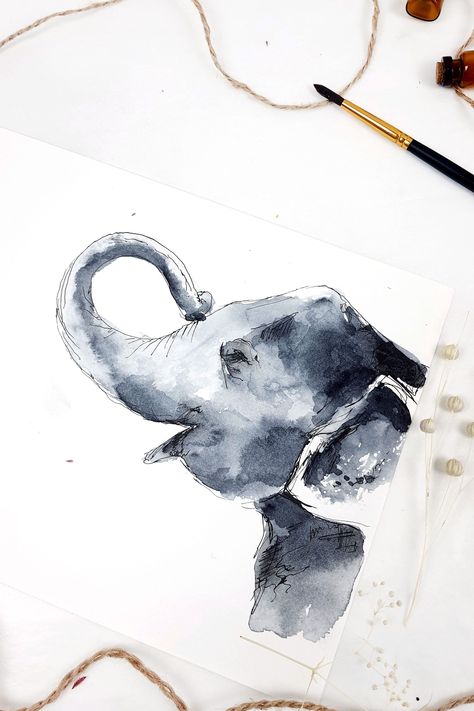 Watercolour Elephant Easy, Watercolor Elephant Simple, Watercolor Art Elephant, Elephant Watercolor Painting Easy, Watercolour Elephant Painting, Elephant Drawing Watercolor, Animal Watercolor Easy, Watercolor Cute Animals, Quick Watercolor Paintings