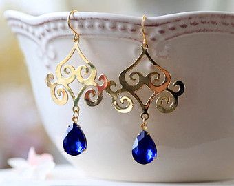 Sapphire Blue Wedding, Sapphire Blue Weddings, Persian Jewelry, Wedding Earrings Chandelier, Gold Filigree Earrings, Earrings Sapphire, Wedding Chandelier, Black Stud Earrings, Pendant Brooch