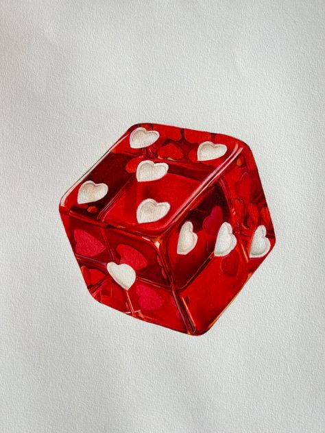 Coloured pencil drawing of a red dice with heart dots, hyperrealism photorealistic art Drawing With Red Pencil, Things That Are Red, Dice With Hearts, Heart Drawing Aesthetic, Red Drawing Ideas, Red Mood Board, Red Doodles, Photorealistic Art, Heart Pop Art