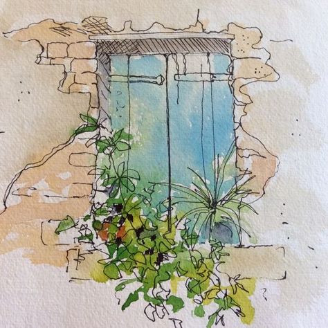 Window Watercolor Painting Easy, Line Watercolor Art, Line And Wash Art, Easy Watercolor Sketches, Watercolor Line Drawing, Line Drawing Watercolor, Watercolor Line And Wash, Watercolor And Pen Art Illustrations, Urban Sketching Beginner Easy